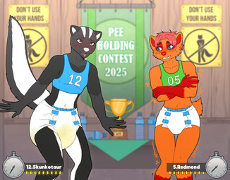 5_fingers accident anthro arms_out arms_outstretched award bangs banner belly black_arms black_body black_chest black_eyebrows black_fur black_legs black_torso blue_clothing blue_crop_top blue_diaper_frill blue_diaper_tape blue_eyes blue_shirt blue_tank_top blue_topwear blush blush_lines blushing_profusely bodily_fluids bottle cheek_tuft clean_diaper clenched_teeth clock clothed clothing competition concentrating concentration container contest countershade_legs countershade_torso countershading crop_top crossed_arms desperation detailed_background diaper diaper_fetish diaper_tape diaper_use duo empty_bottle eyebrows eyelashes facial_markings facial_tuft fingers fluffy fluffy_ears fluffy_tail form_fitting full_diaper fur fur_markings fur_tuft furniture furrowed_brow furry_tail genital_fluids glistening glistening_eyes glistening_metal glistening_nose green_clothing green_crop_top green_shirt green_tank_top green_topwear grey_arms grey_chest grey_ears grey_face grey_hands grey_neck grey_snout grey_tail grey_torso grey_tuft hair hands_out head_markings head_stripes holding_arms humanoid_hands iconography knock-kneed logo long_tail looking_at_another looking_up male markings meter midriff multicolored_arms multicolored_body multicolored_ears multicolored_face multicolored_fur multicolored_legs multicolored_tail multicolored_torso navel neck_tuft no_symbol omorashi open_mouth open_smile orange_arms orange_belly orange_body orange_chest orange_ears orange_face orange_fur orange_legs orange_navel orange_neck orange_snout orange_tail orange_torso pantsless pantsless_anthro pantsless_male pee_holding pee_holding_contest peeing plaque plastic_bottle potty_dance potty_failure progress_bar raised_tail red_arms red_body red_eyes red_fur red_hair red_hands red_inner_ear red_legs red_markings red_nose relieved shaking shirt short_tail skunk_tail smile sportswear stripes sweat sweatdrop swollen_diaper table tablecloth tail tank_top teeth thick_eyebrows thin_eyebrows timer tongue tongue_out topwear trembling trophy tuft unclean_diaper urine urine_meter used_diaper using_diaper venue wall_(structure) water_bottle watersports wearing_diaper wet_diaper wetting wetting_diaper white_belly white_body white_countershading white_diaper white_fur white_inner_ear white_legs white_markings white_navel white_nose white_stripes white_tail white_torso wood wood_furniture wood_table wood_wall darksidefighter redmond_brown skunkotaur badger mammal mephitid mustelid musteline skunk artist_logo colored digital_drawing_(artwork) digital_media_(artwork) hi_res