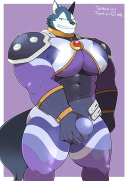 abs anthro ball_bulge barazoku big_muscles big_pecs blue_body blue_fur bodysuit bulge clothing fur huge_pecs machine male muscular muscular_male pecs self_grope skinsuit smile smirk solo thick_thighs tight_clothing white_body white_fur takezamurai lifewonders tokyo_afterschool_summoners breke_(tas) android canid canine canis mammal robot wolf hi_res