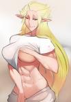 abs blonde_hair breasts clothed clothing female hair humanoid_pointy_ears long_hair midriff muscular muscular_female muscular_humanoid not_furry orange_eyes pointy_ears shirt solo topwear undressing scas tanya_(scas) elf humanoid