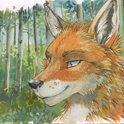 ambiguous_gender anthro black_nose cheek_tuft closed_smile facial_tuft forest fur glistening glistening_eyes mouth_closed multicolored_body multicolored_fur neck_tuft orange_body orange_fur outside plant shrub smile solo tree tuft two_tone_body two_tone_fur unsigned white_body white_fur akatan_art canid canine fox mammal 1:1 hi_res traditional_media_(artwork)