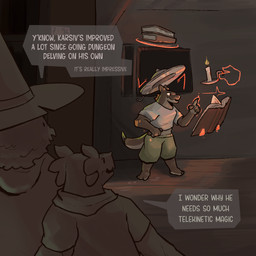 ambiguous_gender black_body book bottomwear candle candle_holder clothing dialogue dialogue_box gloves green_bottomwear green_clothing green_shorts handwear headgear headwear mage_hand magic magic_user multicolored_body name_in_dialogue red_magic shirt shorts speech_bubble spell spellbook spellcasting telekinesis text topwear two_tone_body white_clothing white_shirt white_topwear luvamisguilty karsiv_(luvamisguilty) unnamed_character animal_humanoid avian avian_humanoid bird bird_humanoid humanoid kobold owl owl_humanoid scalie 1:1 english_text hi_res