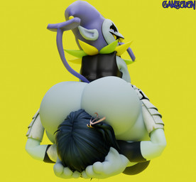 big_butt butt clothing duo facesitting fool's_hat grey_body hat headgear headwear huge_butt jester male male/male shortstack sitting_on_another camseven deltarune undertale_(series) jevil_(deltarune) kris_dreemurr darkner human humanoid imp mammal 3d_(artwork) digital_media_(artwork) hi_res