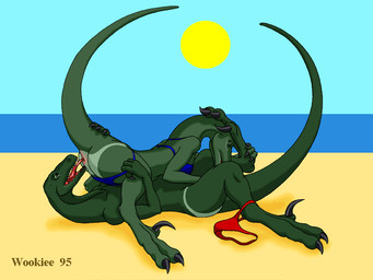 69_position anthro beach bikini breasts claws clothed clothing cunnilingus duo eyes_closed female female_on_top genitals green_body green_eyes green_skin lying male male/female male_on_bottom medium_breasts non-mammal_breasts on_back on_bottom on_top oral outside raised_tail sand sea seaside sex sex_on_the_beach sickle_claw skimpy sun swimwear tail tailbutt toe_claws tongue tongue_out two-piece_swimsuit vaginal vulva water wooky dinosaur dromaeosaurid prehistoric_species reptile scalie theropod velociraptor 1995 4:3