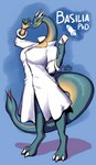 2020 5_fingers absurd_res barefoot basilia_(leqha) breasts claws clothing coat eyewear feet female fingers glasses hi_res lab_coat leqha reptile scalie solo standing toe_claws topwear