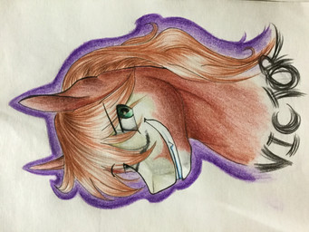 ambiguous_gender black_body black_fur brown_body brown_fur brown_hair fur green_eyes hair outline sideways solo text unknown_artist the_lusty_stallion vyktor_dreygo equid equine horse mammal 4:3 absurd_res bust_portrait colored_pencil_(artwork) english_text hi_res portrait traditional_media_(artwork)