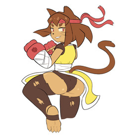 accessory anthro brown_body brown_hair butt clothing eyebrows feet female hair headband legwear magenta_eyes smile solo torn_clothing torn_legwear whiskers wraps yellow_sclera taterdouce gameoverse glitch_productions kit_bodega domestic_cat felid feline felis mammal 2026 absurd_res hi_res