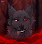 black_nose black_sclera blood blood_on_chin blurred_background bodily_fluids cheek_tuft drooling facial_tuft fangs feral front_view fur grey_body grey_fur head_tuft heterochromia looking_aside neck_tuft open_mouth pupils red_eyes saliva saliva_on_tongue saliva_string slit_pupils solo teeth tongue tongue_out tuft white_eyes santanahoffman canid mammal 2020 artist_name dated hi_res