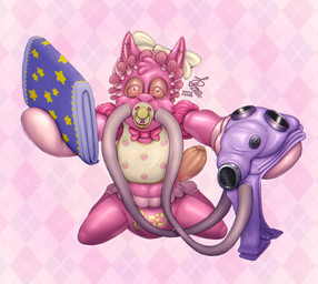 anthro bib bonnet bow_ribbon clothed clothing diaper diaper_fetish diaper_under_clothing feminization gas_mask headgear headwear hose hosesuit kneeling looking_at_viewer male mask object_in_mouth pacifier pacifier_in_mouth solo tight_clothing wearing_diaper pampermousse latnam ambiguous_species canid canine canis coyote mammal hi_res