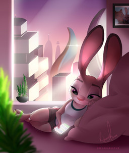 3_toes anthro barefoot biped bottomwear brown_bottomwear brown_clothing brown_shorts building cellphone city claws clothed clothing detailed_background ears_up electronics feet female fully_clothed fur glowing grey_body grey_ears grey_fur holding_cellphone holding_object holding_phone inside lidded_eyes light looking_at_cellphone looking_at_object looking_at_phone lying multicolored_sky on_side phone photo picture_frame pillow pink_sky plant plant_pot potted_plant purple_eyes purple_sky shadow shirt shorts sky skyscraper solo tank_top toe_claws toes topwear two_tone_sky white_clothing white_shirt white_tank_top white_topwear window year relaxablefur disney zootopia judy_hopps european_rabbit lagomorph leporid mammal oryctolagus rabbit 2019 absurd_res hi_res shaded signature