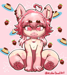 anthro chibi chocolate-covered_strawberry dessert female food fruit heart_eyes heart_symbol pawpads paws plant pudding solo strawberry misterdonut food_creature hyena mammal hi_res