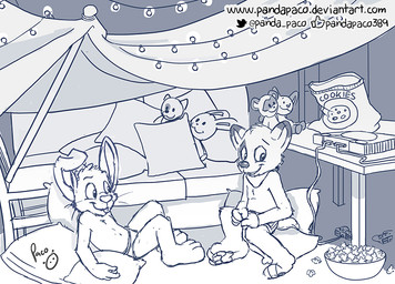 anthro briefs briefs_only chips_(food) closed_smile clothed clothing dipstick_ears duo ear_markings food glistening glistening_eyes inside kerchief looking_aside male mouth_closed multicolored_ears neckerchief neckwear pillow popcorn smile string_lights teeth text topless underwear underwear_only whiskers young young_anthro young_male pandapaco playstation sony_corporation sony_interactive_entertainment canid canine lagomorph leporid mammal rabbit monochrome sketch url