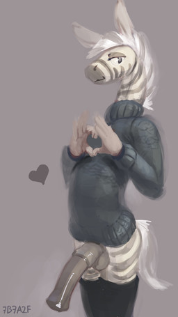 5_fingers animal_genitalia animal_penis anthro balls bedroom_eyes big_penis biped bottomless bottomless_anthro bottomless_male closed_smile clothed clothed_anthro clothed_male clothing equine_genitalia equine_penis fingers genitals gesture gesturing_at_viewer glistening glistening_genitalia glistening_penis half-closed_eyes half-erect heart_gesture heart_symbol humanoid_hands legwear looking_at_viewer male male_anthro mane mouth_closed narrowed_eyes penis seductive simple_background smile smiling_at_viewer smirk smirking_at_viewer snout solo striped_body stripes sweater tail text thigh_highs three-quarter_view topwear turtleneck 7b7a2f equid equine mammal zebra 2024 9:16 absurd_res artist_name digital_media_(artwork) grey_theme hi_res portrait signature three-quarter_portrait