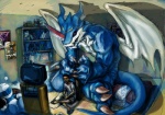 bedroom blue_body blue_skin countershading duo electronics horn inside macro male membrane_(anatomy) membranous_wings muscular size_difference tail television wings rinpoo_chuang bandai_namco digimon ghibli my_neighbor_totoro mythology catbus digimon_(species) dragon exveemon human mammal mythological_creature mythological_scalie scalie