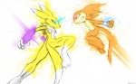 anthro battle duo female fight fur light male tail white_body white_fur yellow_body yellow_fur darkdoomer bandai_namco digimon patachu canid canine digimon_(species) mammal renamon 16:10 hi_res wallpaper warm_colors widescreen