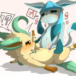 blue_body blue_fur dialogue duo female female/female feral feral_on_feral fur genitals half-closed_eyes heart_eyes heart_symbol interrobang motion_lines narrowed_eyes navel open_mouth sex simple_background smile speech_bubble spread_legs spreading tan_body tan_fur text tribadism vaginal vulva white_background minami_juuji nintendo pokemon canid canine eeveelution generation_4_pokemon glaceon leafeon mammal pokemon_(species) 1:1 hi_res japanese_text