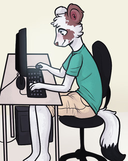 ambiguous_gender anthro black_tail_tip blush chair clothed clothing computer dipstick_tail electronics fur furniture keyboard markings office_chair shirt simple_background sitting solo tail tail_markings topwear monsterbunny mammal unknown_species 2017 archived_source digital_drawing_(artwork) digital_media_(artwork)