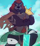 anthro armor ball_tuft balls bandage big_balls body_hair flaccid foreskin genitals humanoid_genitalia humanoid_penis male melee_weapon musclegut muscular muscular_anthro muscular_male penis pubes solo standing sword tuft weapon marlon.cores barrus bear mammal