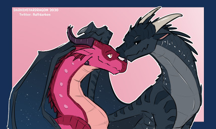 ambiguous_gender black_body black_scales black_sclera countershade_torso countershading duo feral frill_(anatomy) horn long_neck looking_at_another membrane_(anatomy) membranous_frill membranous_wings nose_spike pink_background pink_body pink_scales scales simple_background smile snout starry_wings using_wings wing_hug wings darkenstardragon european_mythology mythology wings_of_fire deathbringer_(wof) jambu_(wof) dragon mythological_creature mythological_scalie nightwing_(wof) rainwing_(wof) scalie western_dragon alpha_channel watermark male_(lore)