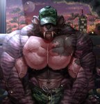 abs anthro bench biceps big_pecs black_spots bottomwear brown_hair building camo camo_bottomwear camo_clothing camo_hat camo_headgear camo_headwear camo_print camo_shorts clothing cloud covered_eyes deltoids evening facial_hair fur goatee hair hat hat_over_eyes headgear headwear long_fangs male multicolored_body multicolored_fur muscular muscular_anthro muscular_male navel park_bench pattern_bottomwear pattern_clothing pattern_hat pattern_headgear pattern_headwear pattern_shorts pecs plant purple_body purple_fur shorts sitting solo spots street_lamp striped_body striped_fur stripes sunset text tree triceps vein veiny_muscles whiskers white_whiskers caek94 charlie_(caek94) felid mammal prehistoric_species saber-toothed_tiger 2022 absurd_res dated english_text hi_res