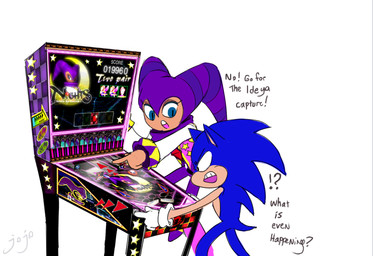 angry anthro black_nose blue_body blue_fur clothing dialogue duo fur gesture gloves hand_gesture handwear interrobang male pinball pinball_machine pointing simple_background text white_background white_clothing white_gloves white_handwear jojo56830 nights_into_dreams sega sonic_the_hedgehog_(series) nights_(nights_into_dreams) sonic_the_hedgehog eulipotyphlan hedgehog humanoid mammal nightmaren english_text signature