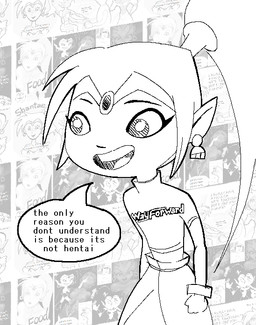 black_text bottomwear clothing ear_piercing ear_ring eyebrows eyelashes female female_humanoid hair humanoid_pointy_ears logo_on_clothing logo_on_topwear not_furry open_mouth open_smile pants piercing pointy_ears ponytail ring_piercing smile solo speech_bubble text tongue stingercorps shantae_(series) wayforward shantae half_genie humanoid 2024 aliasing binary_drawing digital_drawing_(artwork) digital_media_(artwork) english_text monochrome