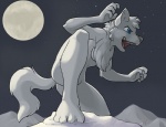 anthro breasts butt casual_nudity chest_tuft claws convenient_censorship featureless_crotch female moon night nude prowling rock side_view solo spread_legs spreading teeth tuft under_boob ajin canid canine canis mammal wolf