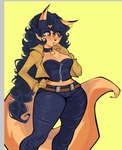 anthro belt blue_hair bottomwear breasts brown_eyes clothing collar dipstick_ears ear_markings ear_piercing eyebrow_through_hair eyebrows eyelashes female fur gloves hair handwear jacket midriff multicolored_ears navel orange_body orange_fur pants piercing solo tan_body tan_fur thick_thighs topwear translucent translucent_hair wide_hips plutoniumplutoo sly_cooper_(series) sony_corporation sony_interactive_entertainment sucker_punch_productions carmelita_fox canid canine fox mammal 2025 hi_res