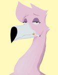 beak cigarette eyebrows eyelashes eyeshadow feathers long_neck makeup pink_body pink_feathers raised_eyebrows simple_background smile smoking solo yellow_background chilemeister astas_(chilemeister) avian bird flamingo absurd_res hi_res portrait male_(lore)