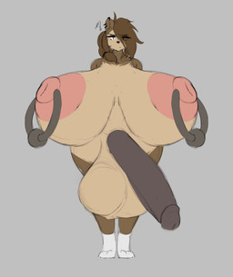 anthro areola balls big_balls big_breasts big_penis breasts brown_body brown_fur brown_hair clothing ear_piercing footwear footwear_only fur genitals green_eyes grey_background gynomorph hair huge_balls huge_breasts huge_penis hyper hyper_breasts intersex looking_at_viewer mostly_nude nipple_piercing nipple_ring nipples penis piercing pink_areola pink_nipples ring_piercing simple_background socks socks_only solo white_clothing white_footwear white_socks thelazydreamer tenna_cale bear mammal 2026 hi_res