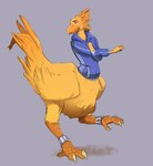 3_toes 5_fingers biped bipedal_taur clothing feet fingers running sweatband talons toes track_jacket toth-m final_fantasy square_enix avian avian_taur bird chocobo chocobo_taur taur hi_res