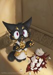 ankh anthro black_body black_fur blep blood bodily_fluids canopic_jar chibi claws clothed clothing collar fully_clothed fur inside looking_at_viewer looking_up male organs pawpads pink_eyes solo sweat sweatdrop text tongue tongue_out whiskers yellow_body yellow_fur silverfox5213 egyptian_mythology middle_eastern_mythology mythology anubis anubian_jackal canid canine canis deity jackal mammal 2025 url