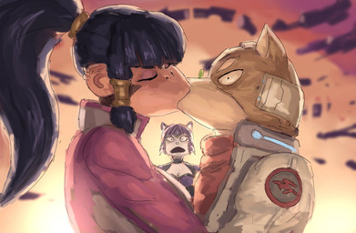 anthro caught_off_guard cheat clothing cuckquean duo ear_piercing ear_ring female group hair headgear jacket kiss_on_lips kissing light making_out male male/female open_mouth passionate passionate_kiss piercing ponytail ring_piercing shocked sunlight sunset topwear trio redustheriotact ex-zodiac nintendo star_fox fox_mccloud krystal_(star_fox) kyuu_(ex-zodiac) canid canine fox haplorhine mammal monkey primate hi_res