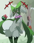 :d ambiguous_gender anthro blurred_background bottomwear brown_hair clothing day duo female fur green_body green_fur hair hands_behind_back looking_aside open_mouth open_smile orange_bottomwear orange_clothing orange_skirt outside plant purple_eyes school_uniform skirt smile solo_focus standing tree uniform rerendi nintendo pokemon juliana_(pokemon) generation_9_pokemon human mammal meowscarada pokemon_(species) 2025 hi_res