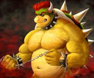 anthro belly biceps bracelet chain claws cloud collar eyebrows fangs finger_claws frown green_shell hair holding_chain horn jewelry looking_away male navel pecs red_eyes red_hair shell solo spiked_bracelet spiked_collar spiked_shell spikes spikes_(anatomy) teeth thick_eyebrows yellow_body shaneinvasion mario_bros nintendo bowser koopa scalie hi_res signature