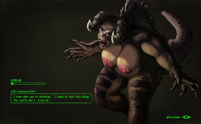 anthro arched_back areola barely_visible_genitalia barely_visible_vulva bat_nose belly big_areola big_breasts big_butt biped breasts brown_areola brown_body brown_nipples butt claws curvy_figure exposed exposed_breasts fake_screencap feet female finger_claws genitals horn huge_breasts huge_butt huge_thighs leaning leaning_forward loading_screen looking_ahead multicolored_body muscular muscular_anthro muscular_female nipples non-mammal_breasts non-mammal_nipples nude open_mouth outside overweight profanity pupils raised_tail roaring scales scar slit_pupils solo standing tail text text_box thick_thighs toes voluptuous vulva wide_hips yellow_eyes yellow_sclera tucolewds fallout microsoft deathclaw reptile scalie 2022 absurd_res digital_media_(artwork) digital_painting_(artwork) english_text hi_res painting_(artwork)