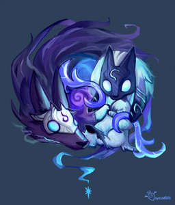 3_fingers anthro arm_markings arm_tuft big_ears big_eyes big_head black_body black_fur black_hooves black_mask black_nose blue_eyes blue_markings chest_tuft chibi duo ear_markings ears_down facial_markings female feral fingers floating front_view fur grey_background head_markings head_tuft hooves inner_ear_fluff lamb_mask leg_tuft light logo male markings mask no_pupils nude pivoted_ears simple_background sitting tail tail_tuft tuft wearing_mask white_mask wolf_mask inkinesss league_of_legends riot_games tencent kindred_(lol) lamb_(lol) wolf_(lol) bovid canid canine canis caprine mammal sheep wolf 2015 colored digital_drawing_(artwork) digital_media_(artwork) full-length_portrait portrait shaded signature
