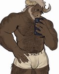anthro arm_hair armpit_hair beard belly_hair belly_tuft biceps body_hair boxer_briefs boxer_briefs_only brown_hair bulge cellphone chest_hair clothed clothing deltoids electronics facial_hair facial_scar forearm_hair forearm_muscles forearms grey_hair hair hairy hairy_legs hairy_thighs hand_on_hip holding_cellphone holding_object holding_phone holding_smartphone horn looking_at_cellphone looking_at_object looking_at_phone male manly mature_male muscular muscular_arms muscular_legs navel nipples pecs phone scar shoulder_hair simple_background smartphone solo taking_picture taking_selfie topless triceps tuft underwear underwear_only white_background maruikito bovid bovine cattle mammal 2025 absurd_res hi_res