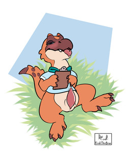 animal_genitalia blush bodily_fluids bottomless clipboard clothed clothing erection genital_fluids genital_slit genitals grass leaking_precum looking_at_viewer lying male on_back partially_clothed penis plant precum scarf shirt simple_background solo spread_legs spreading tapering_penis tongue tongue_out topwear kodithebre kodithebree amber_isle adi_ambertail dinosaur megalosaurid megalosaurus prehistoric_species reptile saurischian scalie theropod hi_res