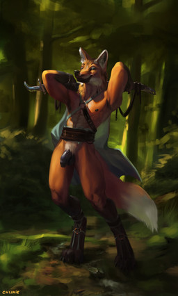 abs anthro balls belt biceps biped black_body black_fur black_nose black_penis bracelet cape claws clothing day detailed_background digitigrade feet flaccid fluffy fluffy_tail foreskin forest fur genitals gloves_(marking) holding_melee_weapon holding_object holding_sword holding_weapon humanoid_genitalia humanoid_penis jewelry leg_markings looking_aside looking_at_viewer male markings melee_weapon mostly_nude multicolored_body multicolored_fur muscular muscular_anthro muscular_male nipples no_sclera orange_body orange_fur outside paws pecs penis plant pubes scabbard sheathed_sword shrub smile snout socks_(marking) solo standing sword tail toe_claws toes tree unretracted_foreskin water weapon white_body white_fur chunie longfox_(chunie) canid canine mammal maned_wolf 2017 adobe_photoshop_(artwork) digital_media_(artwork) digital_painting_(artwork) hi_res painting_(artwork) shaded signature soft_shading