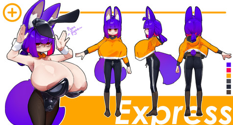 areola areola_slip bandage bandage_on_face bandage_on_nose bangs big_breasts black_bottomwear black_clothing black_leotard black_pants boots bottomwear bow_tie breasts bunny_costume butt clothing color_swatch costume fake_ears fake_rabbit_ears female footwear front_view genitals hair hoodie huge_breasts hyper hyper_breasts inner_ear_fluff legwear leotard light_body light_skin navel_outline orange_clothing orange_hoodie orange_topwear pants pantyhose plump_labia ponytail purple_hair purple_tail rear_view red_eyes shirt_cuffs shoes side_view solo tail text topwear tuft vulva crr001 express_(crr001) animal_humanoid cat_humanoid felid felid_humanoid feline feline_humanoid humanoid mammal mammal_humanoid 2026 absurd_res character_name hi_res model_sheet