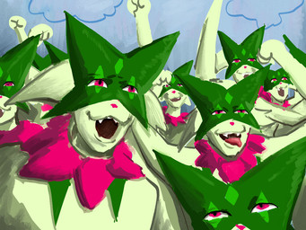 anthro cheerful cheering female green_body group happy male male/female pink_eyes screaming simple_background tongue tongue_out betho nintendo pokemon squid_game felid feline generation_9_pokemon mammal meowscarada pokemon_(species) 4:3 meme