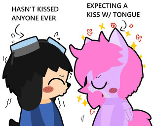 anthro duo female kissing male male/female nervous text elianrandomworks elianrandomworks_(character) fan_character canid canine canis domestic_dog equid equine horse mammal pony english_text meme redraw