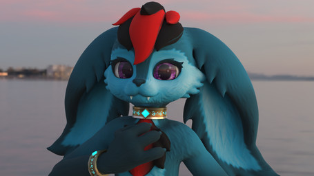 3_fingers anthro black_hair blue_body blue_fur blue_nose bracelet chest_tuft city city_background claws collar countershade_face countershade_torso countershading detailed_background ears_down eclipse eyelashes fangs female fingers fur gem glowing hair hand_on_chest jewelry looking_at_viewer markings multicolored_hair pivoted_ears purple_eyes red_hair smile solo sunset teeth tuft wigwoo1 nova_(wigwoo1) hobkin mammal 16:9 3d_(artwork) absurd_res digital_media_(artwork) hi_res huge_filesize widescreen