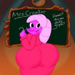 anthro big_breasts big_butt breasts butt chalk chalkboard clothing curvy_figure detailed_background dialogue dress female hair hourglass_figure huge_breasts huge_butt information_board looking_at_viewer non-mammal_breasts pink_body pink_hair pink_scales scales simple_eyes solo standing teacher text thick_thighs tongue voluptuous wide_hips 3barts freddi_fish_(series) humongous_entertainment mrs._croaker fish marine 1:1 2019 8k absurd_res digital_media_(artwork) english_text hi_res