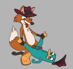 anthro duo feral forked_penis fur genitals male male/male penis teal_body teal_fur unknown_artist disney phineas_and_ferb agent_f_(phineas_and_ferb) perry_the_platypus canid canine fox mammal monotreme platypus hi_res