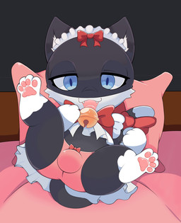 accessory anthro bed bedding bedroom_eyes bell bell_collar biped black_body black_fur blue_eyes bow_on_head bow_panties bow_ribbon bow_underwear bulge butt clothed clothed_anthro clothing clothing_lift collar digitigrade dress dress_lift feet femboy front_view fur furgonomics furniture half-closed_eyes hindpaw lying lying_on_bed maid_headdress maid_uniform male male_anthro markings narrowed_eyes on_bed panties partially_clothed paws pillow presenting presenting_hindquarters ribbons seductive shortstack shortstack_male solo tail tail_accessory tail_bow tail_markings tail_ribbon underwear uniform white_body white_fur fieryfur atlus megami_tensei persona_(series) persona_5 sega morgana_(persona) domestic_cat felid feline felis mammal tuxedo_cat 2026 absurd_res digital_drawing_(artwork) digital_media_(artwork) hi_res shaded soft_shading