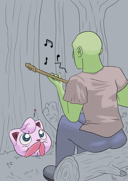 bent_legs blush bodily_fluids detailed_background duo faceless_character female feral forest genital_fluids genitals grass green_body heart_reaction heart_symbol legs_over_edge log looking_up male male/female musical_instrument musical_note musical_symbol over_edge pink_body plant playing_music plucked_string_instrument shamisen shrub sitting string_instrument symbol toony tree vaginal_fluids vulva wood happy_harvey nintendo pokemon anon generation_1_pokemon human jigglypuff mammal pokemon_(species) hi_res