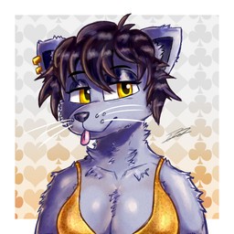 anthro big_breasts blep breasts brown_hair clothed clothing dress ear_piercing female fur gold_(metal) gold_jewelry gold_swimwear grey_body grey_fur hair helix_piercing jewelry looking_at_viewer piercing simple_background solo tongue tongue_out yellow_eyes sulky326 golden_week melina_(sulky326) domestic_cat felid feline felis mammal 1:1 absurd_res bust_portrait digital_media_(artwork) hi_res portrait shaded signature