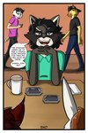 anthro asking asking_another avian badger belt_buckle border buckle clothed clothing coffee_mug comic conjoined_speech_bubble dialogue english_text eyewear felid feline fully_clothed furniture glasses group hi_res jde10 jde_ringtail lagomorph leporid male mammal mustelid musteline procyonid question rabbit raccoon sitting speech_bubble table talking_to_another text white_border yes-no_question