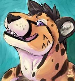 anthro looking_at_viewer male open_mouth purple_eyes solo teeth tongue nolow nolow_(character) cheetah felid feline mammal 2021 headshot_portrait portrait